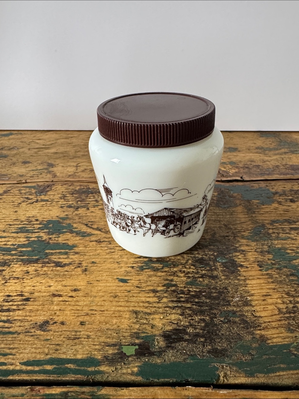 Vintage Milk Glass Jar with Brown Lid and Country Scene - Picture 2 of 6